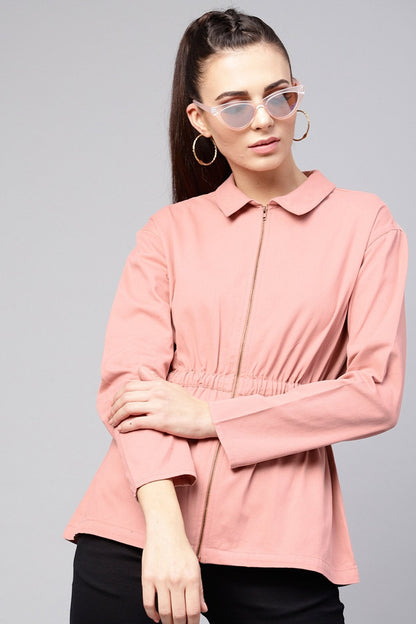 Women's Pink Denim Cinched Waist Zipper Jacket
