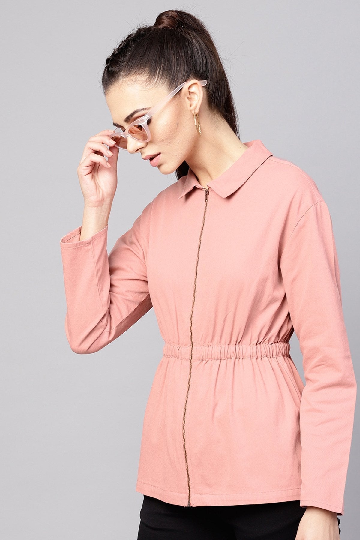 Women's Pink Denim Cinched Waist Zipper Jacket
