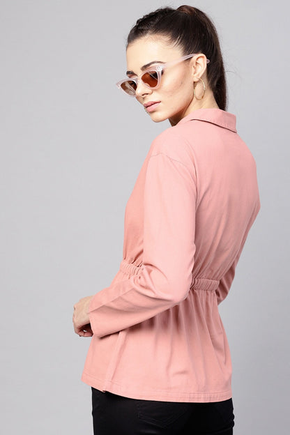 Women's Pink Denim Cinched Waist Zipper Jacket