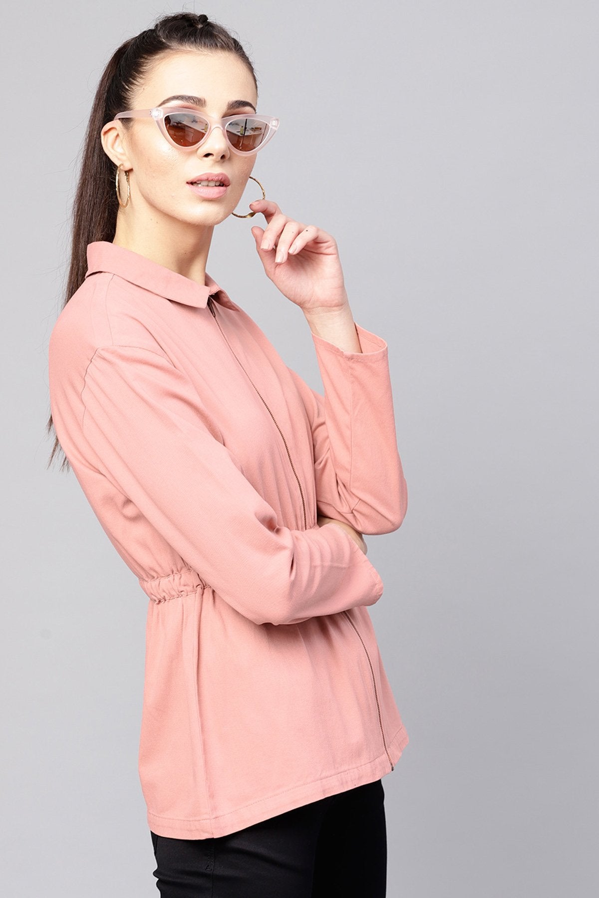 Women's Pink Denim Cinched Waist Zipper Jacket