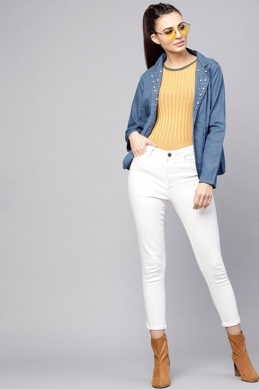 Women's Blue Denim Pearl Collar Jacket