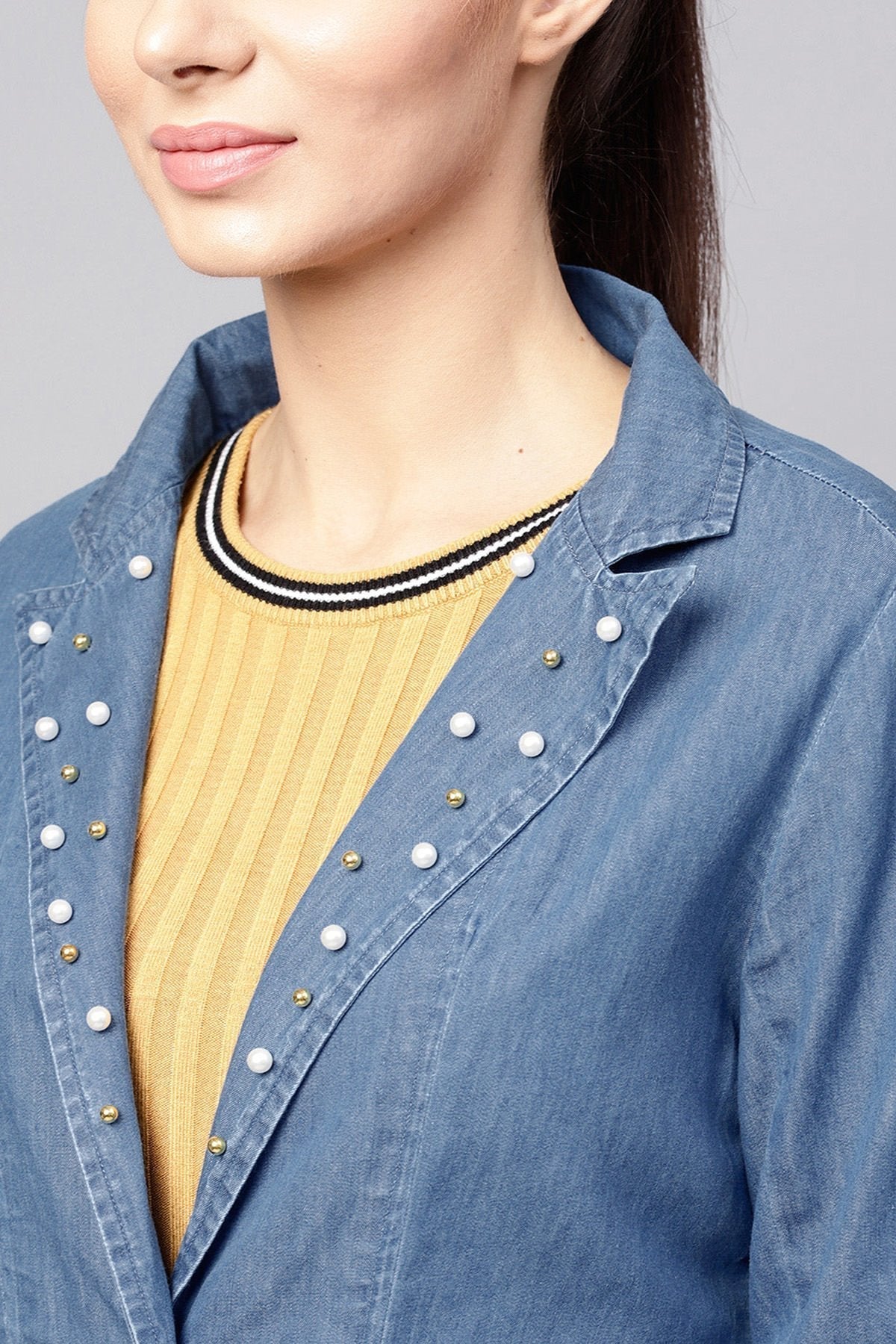 Women's Blue Denim Pearl Collar Jacket