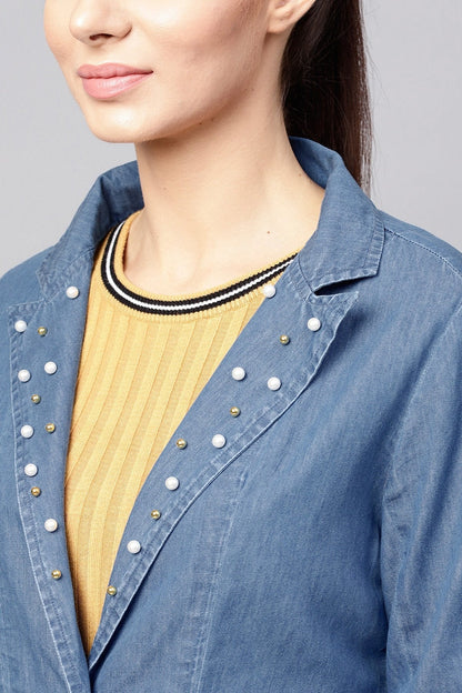 Women's Blue Denim Pearl Collar Jacket