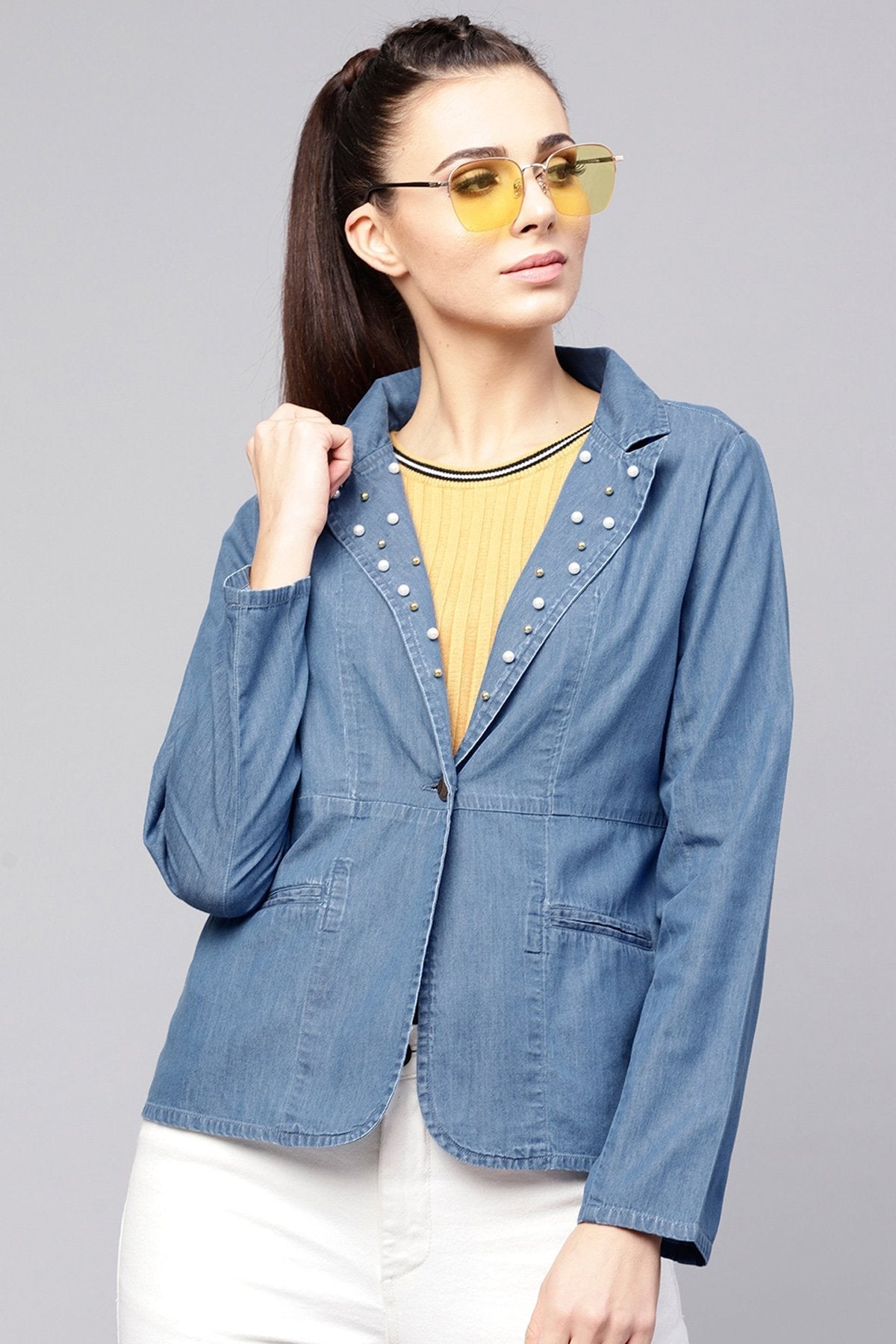 Women's Blue Denim Pearl Collar Jacket