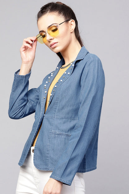 Women's Blue Denim Pearl Collar Jacket