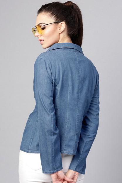 Women's Blue Denim Pearl Collar Jacket