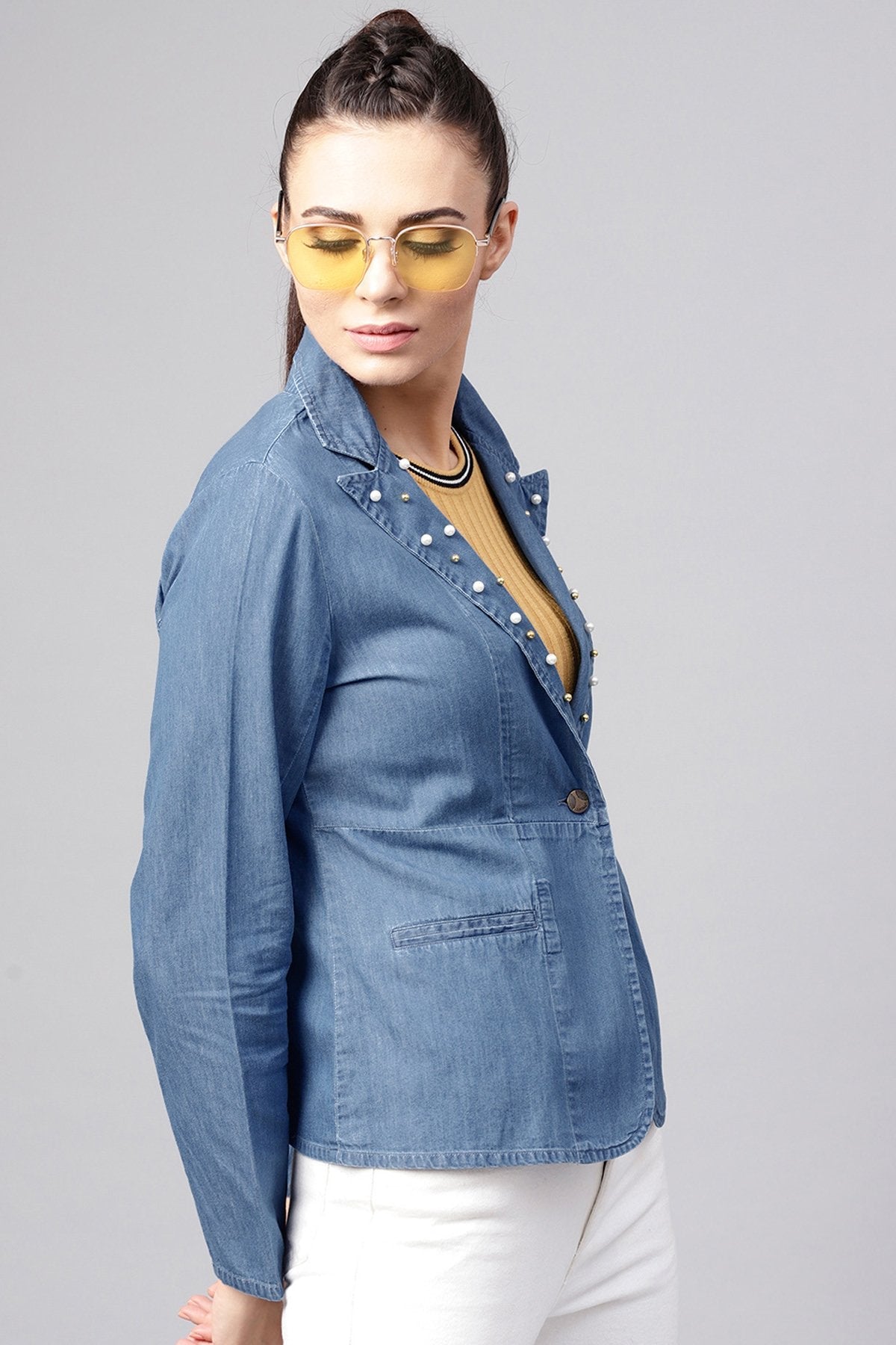 Women's Blue Denim Pearl Collar Jacket
