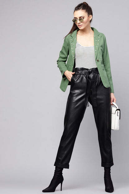 Women's Olive Denim Pearl Collar Jacket