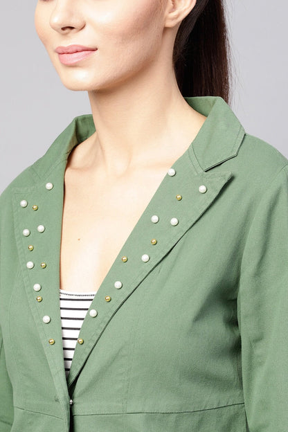 Women's Olive Denim Pearl Collar Jacket