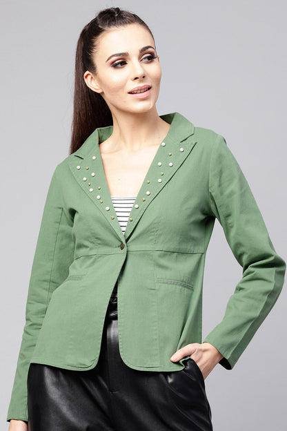 Women's Olive Denim Pearl Collar Jacket