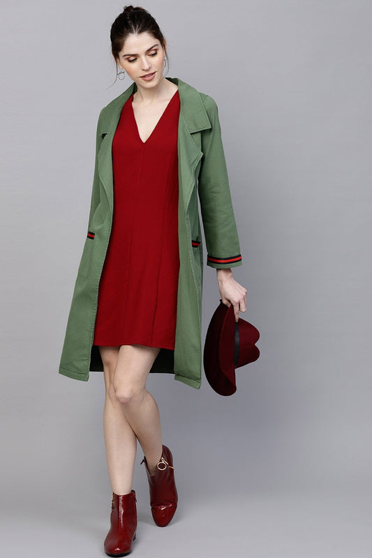 Women's Olive Denim Long Shrug With Pockets