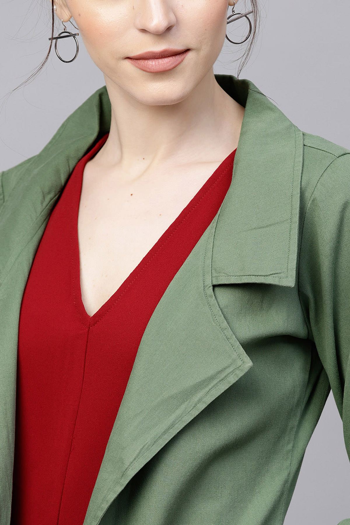 Women's Olive Denim Long Shrug With Pockets