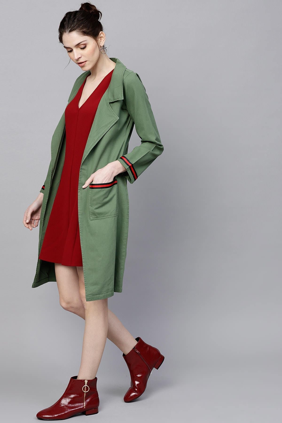 Women's Olive Denim Long Shrug With Pockets
