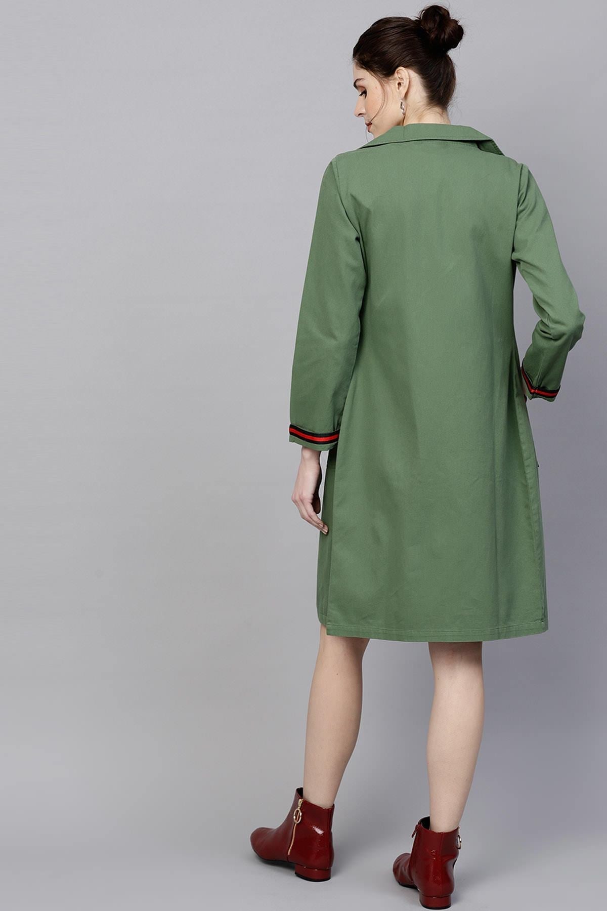 Women's Olive Denim Long Shrug With Pockets
