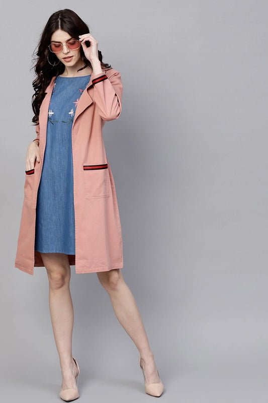 Women's Pink Denim Long Shrug With Pockets