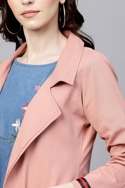 Women's Pink Denim Long Shrug With Pockets