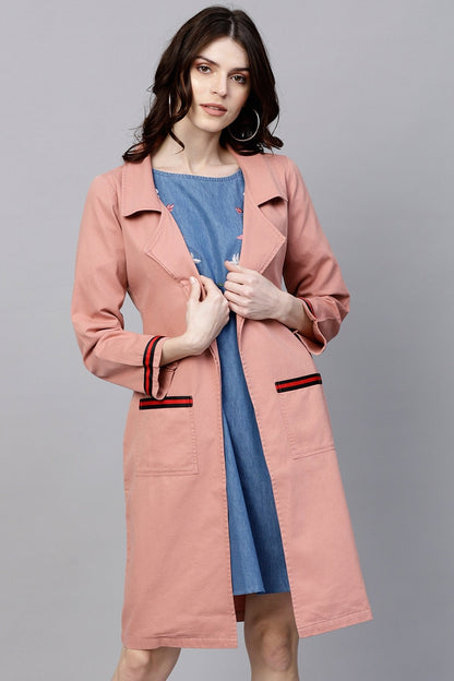 Women's Pink Denim Long Shrug With Pockets