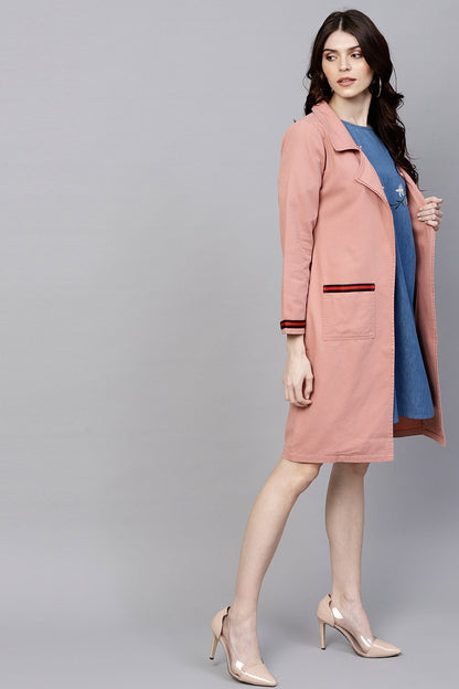 Women's Pink Denim Long Shrug With Pockets
