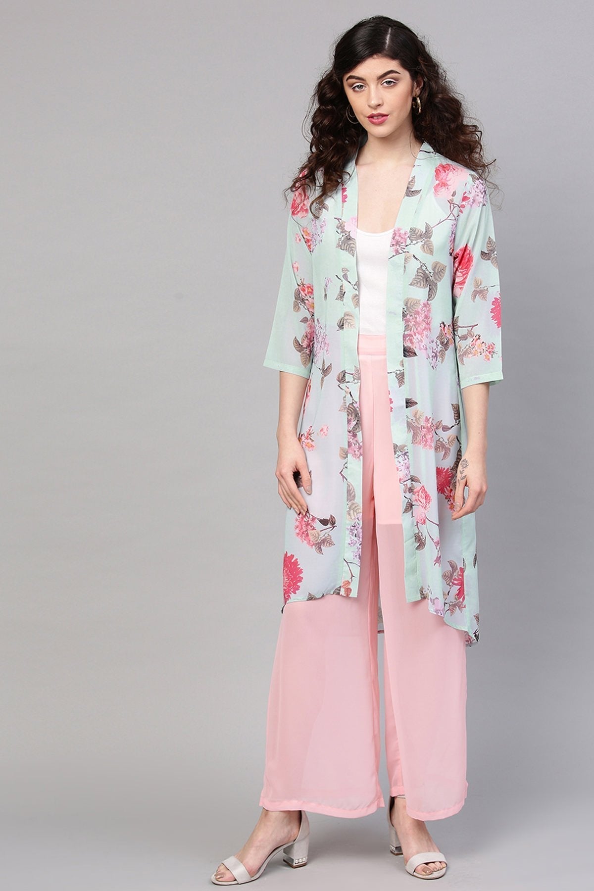 Women's Aqua Floral Front Open Shrug
