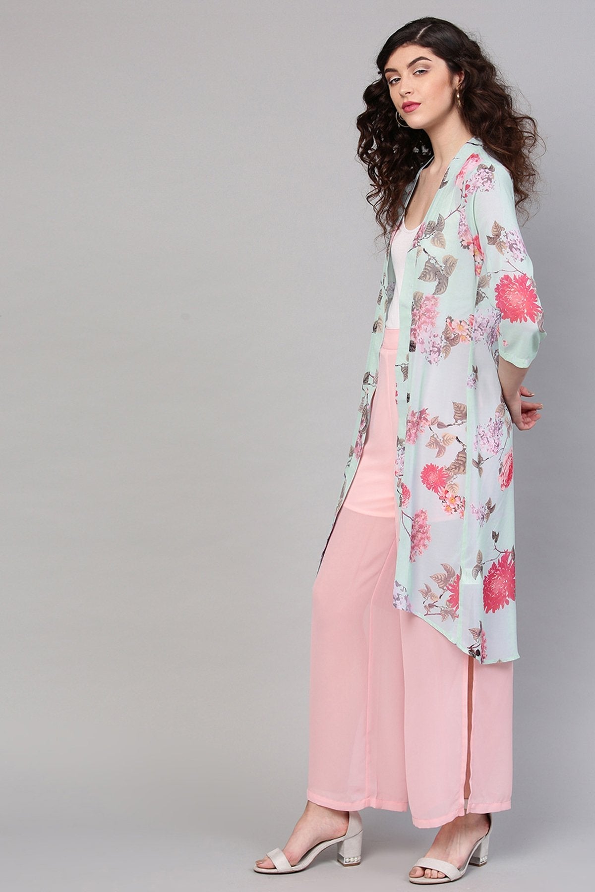 Women's Aqua Floral Front Open Shrug