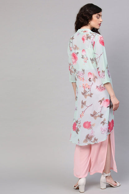 Women's Aqua Floral Front Open Shrug