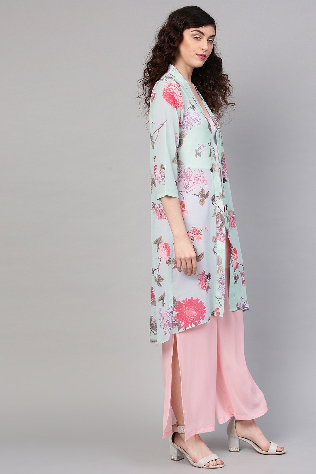 Women's Aqua Floral Front Open Shrug