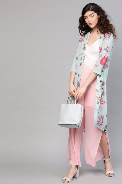 Women's Aqua Floral Front Open Shrug