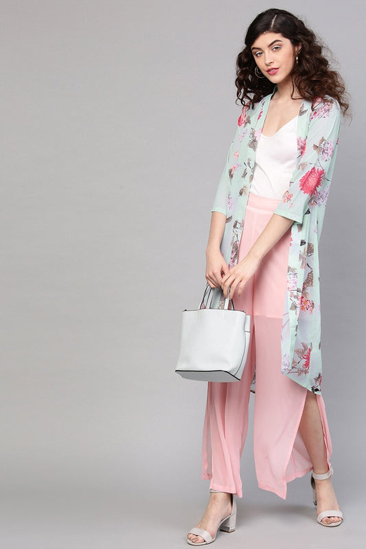 Women's Aqua Floral Front Open Shrug