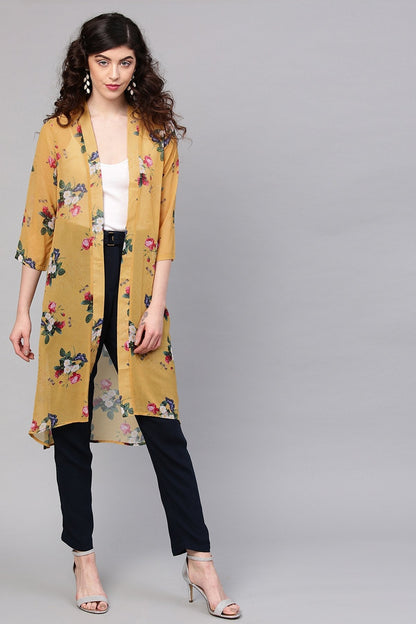 Women's Mustard Floral Front Open Shrug