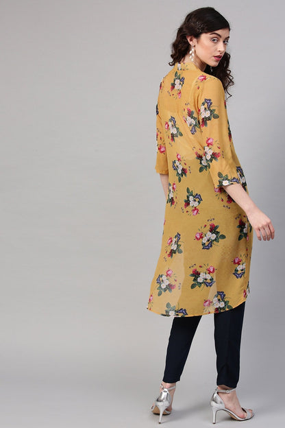 Women's Mustard Floral Front Open Shrug