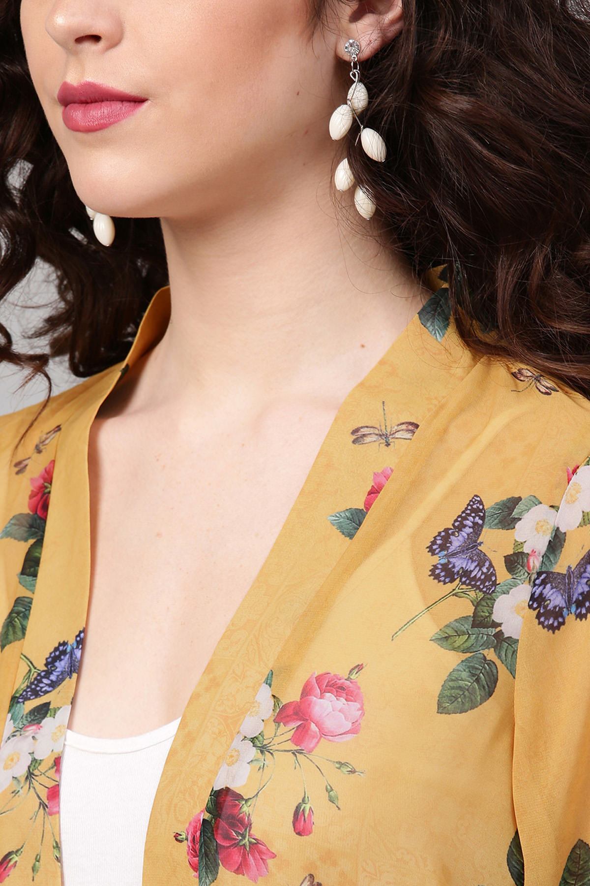 Women's Mustard Floral Front Open Shrug