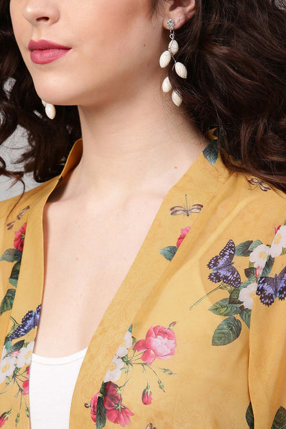 Women's Mustard Floral Front Open Shrug
