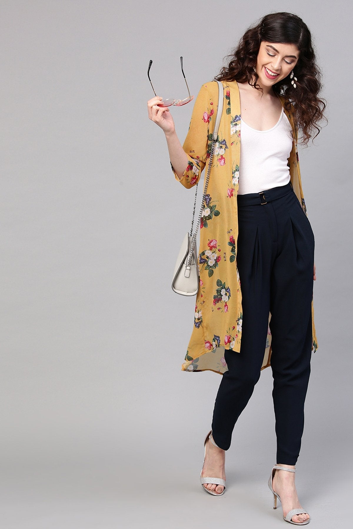 Women's Mustard Floral Front Open Shrug
