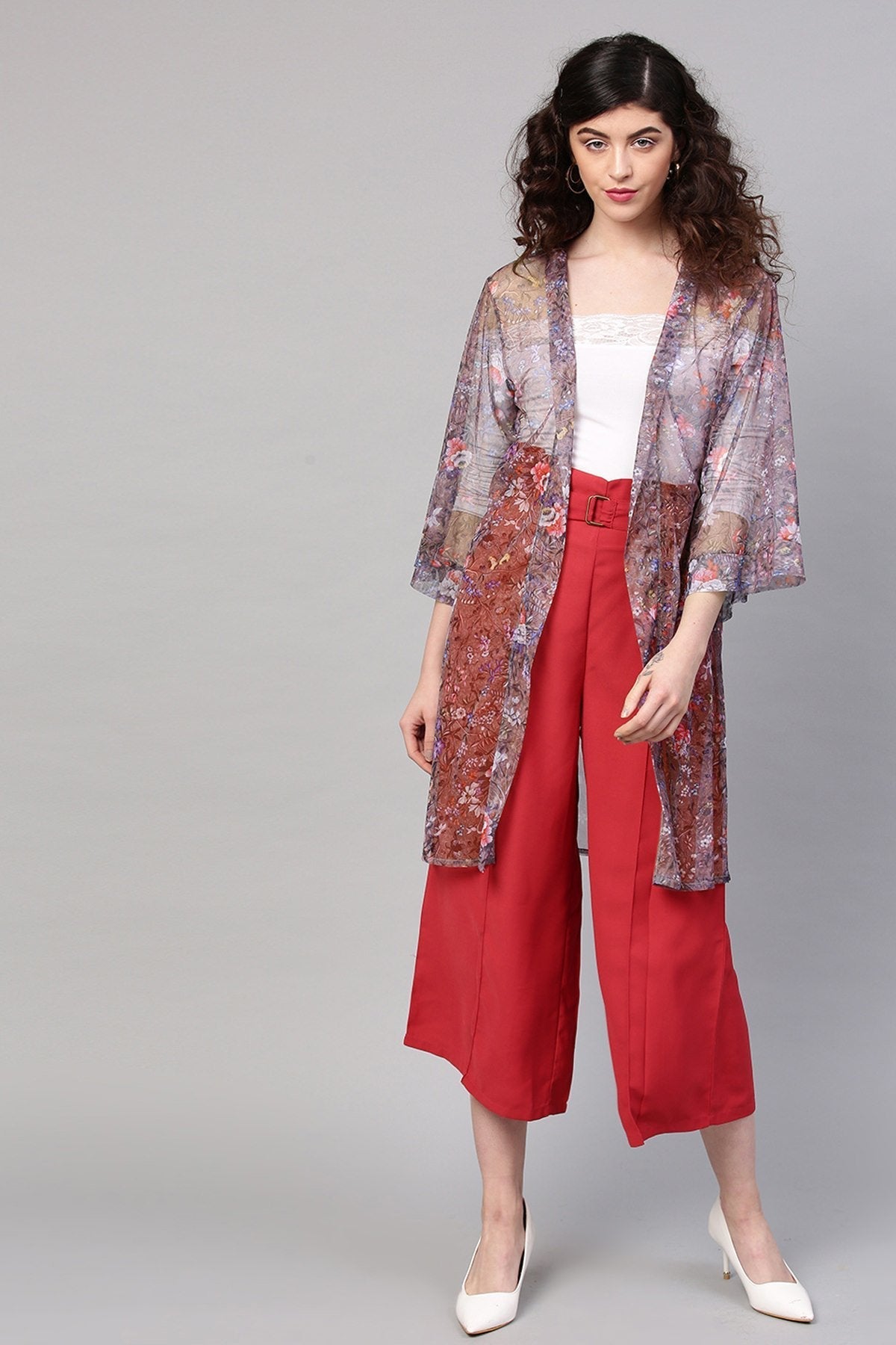 Women's Brown Mesh Floral Front Open Shrug