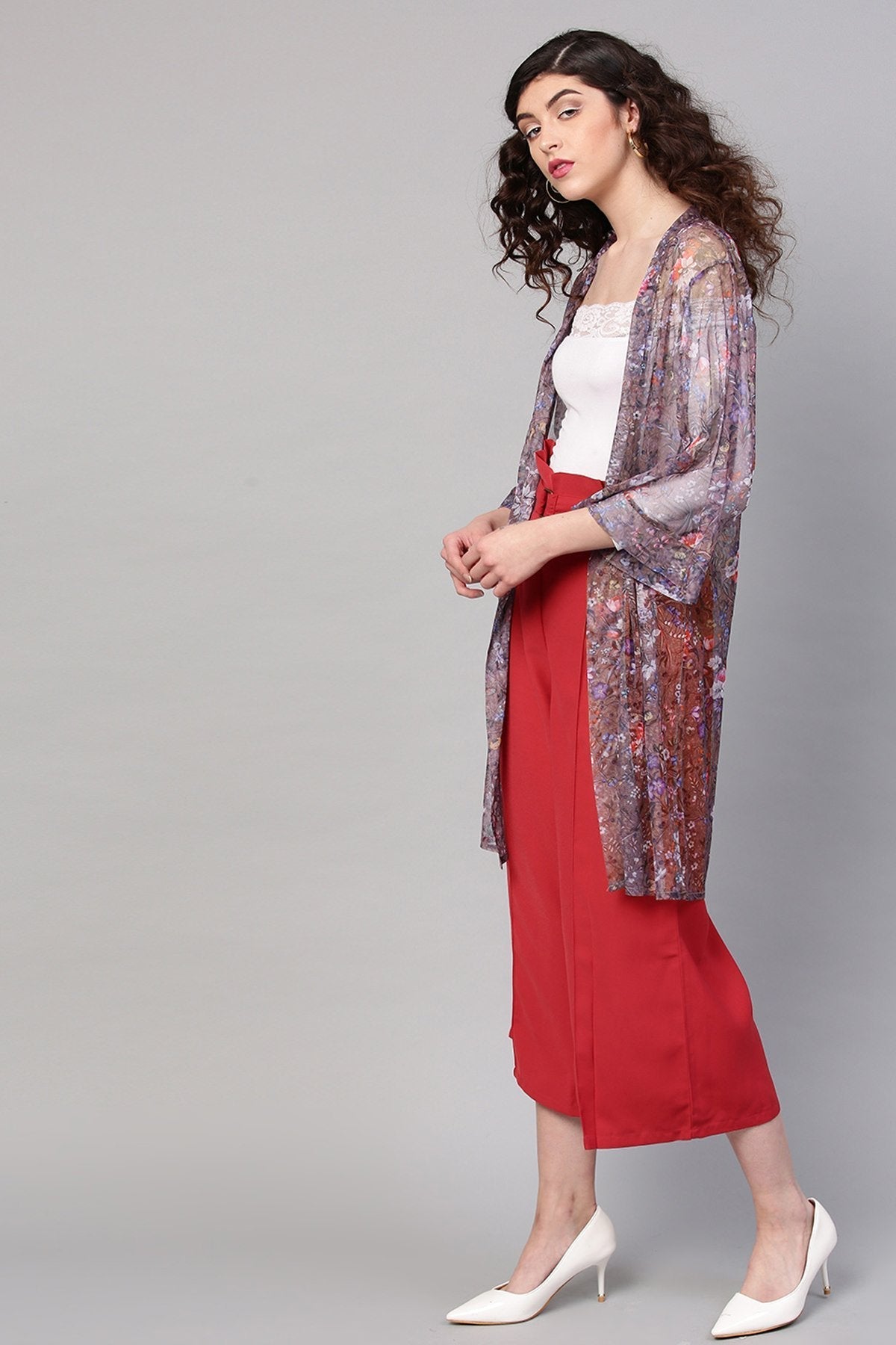 Women's Brown Mesh Floral Front Open Shrug