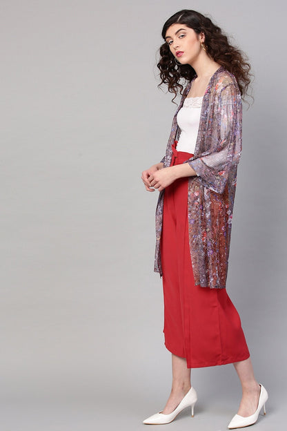 Women's Brown Mesh Floral Front Open Shrug