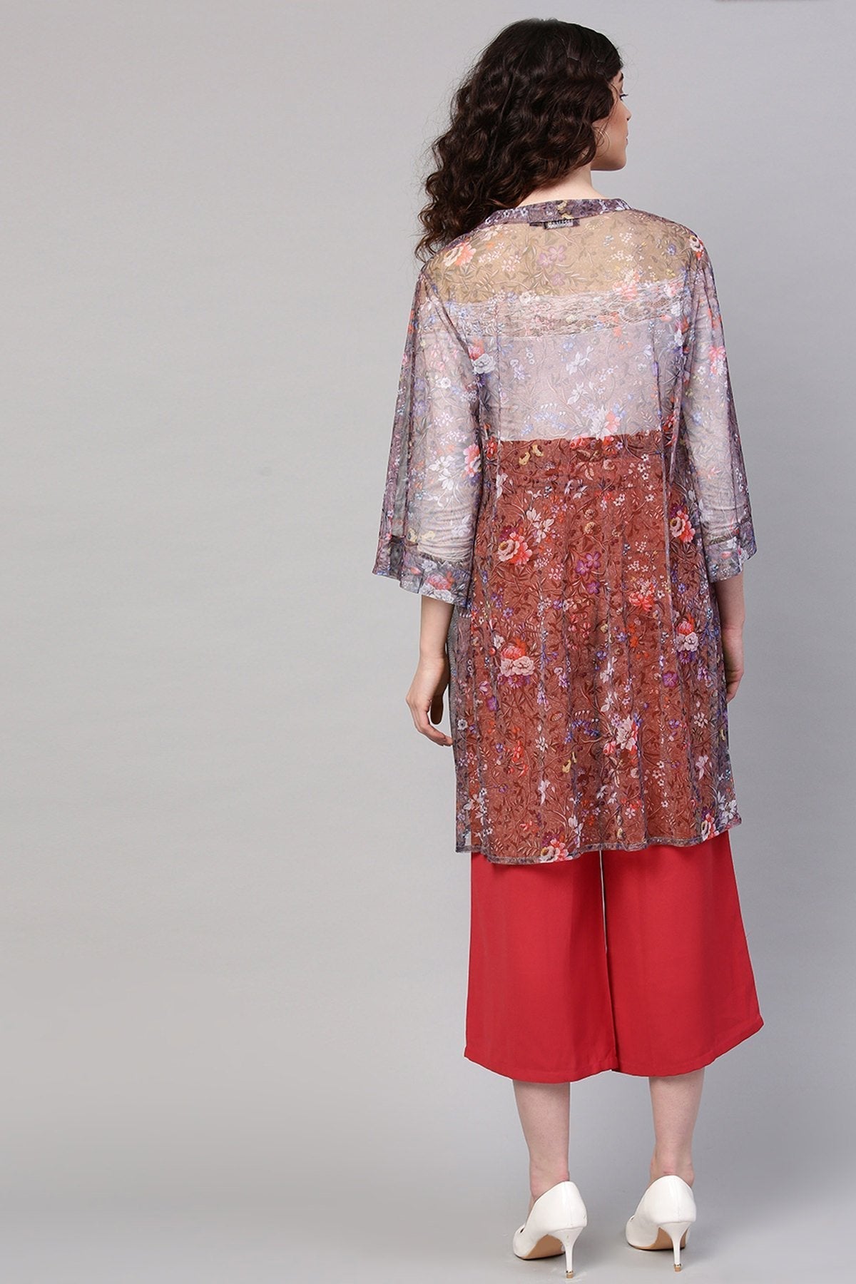 Women's Brown Mesh Floral Front Open Shrug