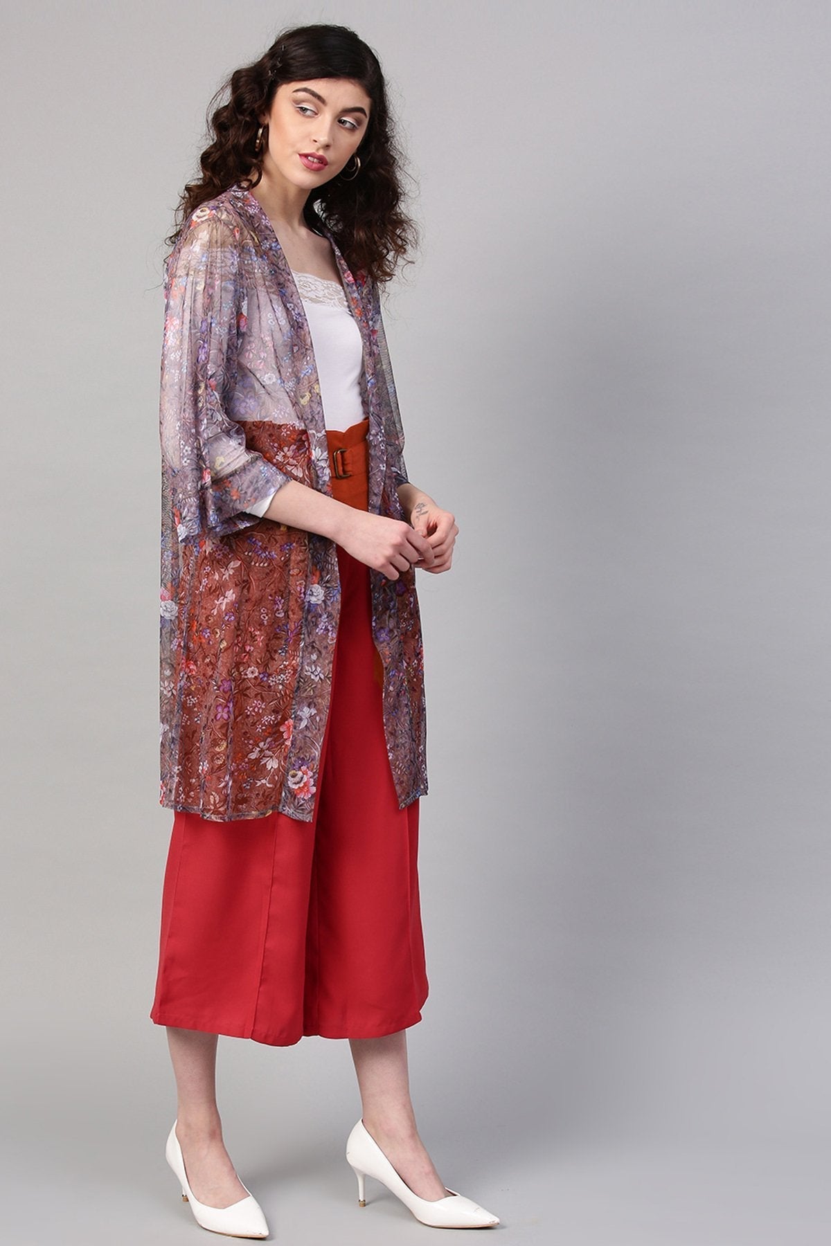 Women's Brown Mesh Floral Front Open Shrug