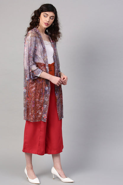 Women's Brown Mesh Floral Front Open Shrug