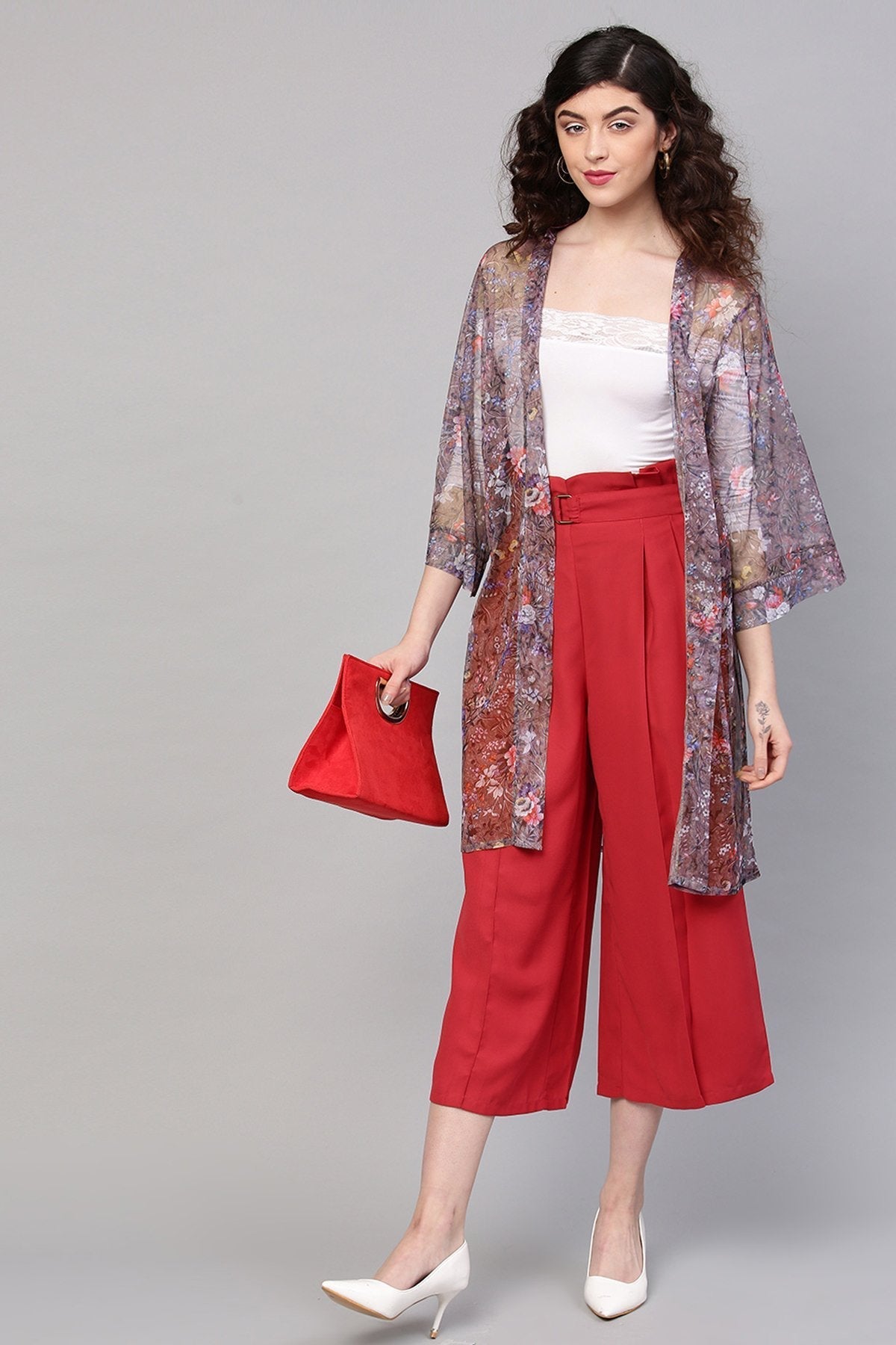 Women's Brown Mesh Floral Front Open Shrug