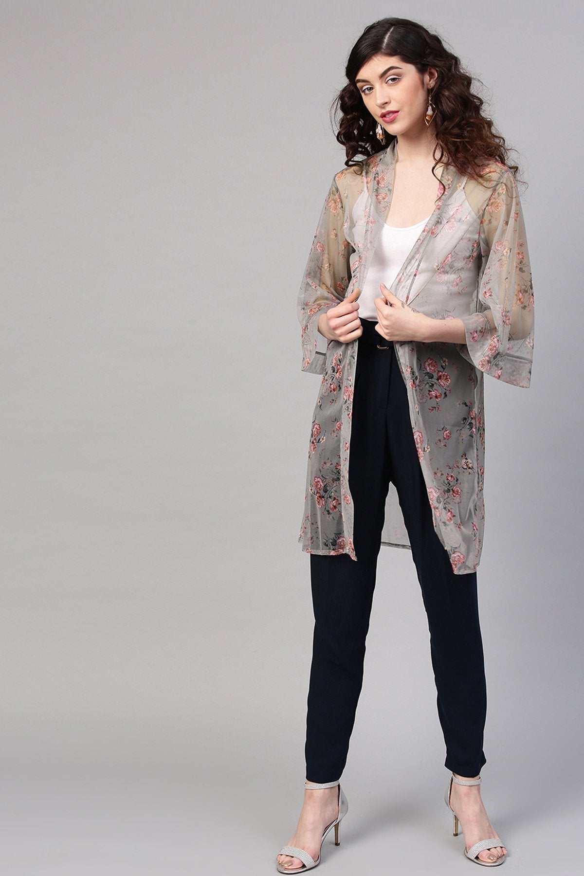 Women's Olive Mesh Floral Front Open Shrug