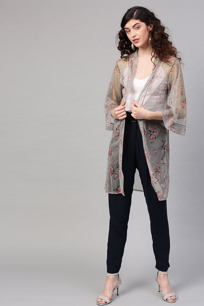 Women's Olive Mesh Floral Front Open Shrug