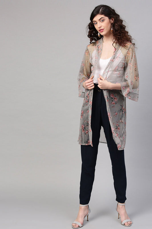 Women's Olive Mesh Floral Front Open Shrug