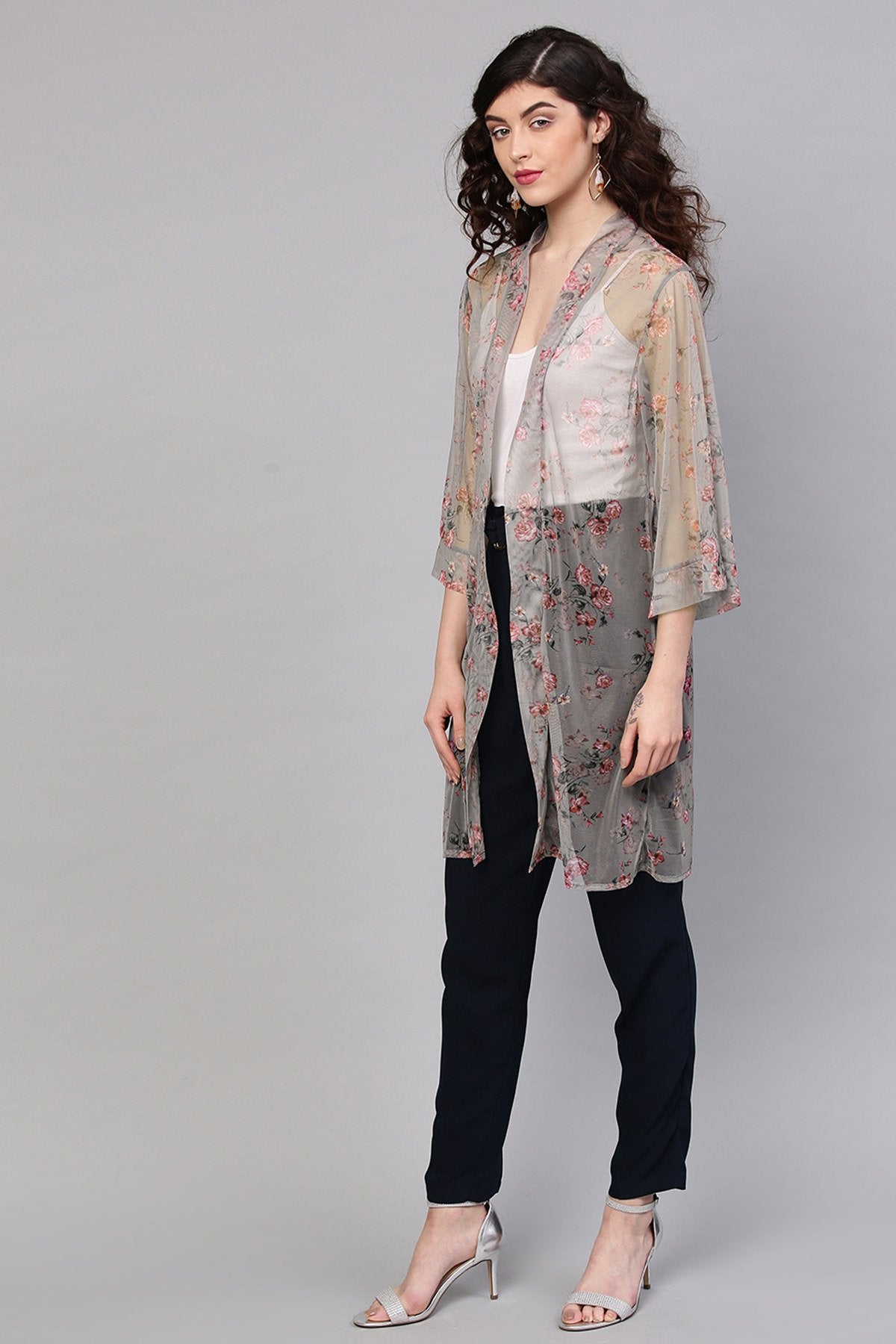 Women's Olive Mesh Floral Front Open Shrug