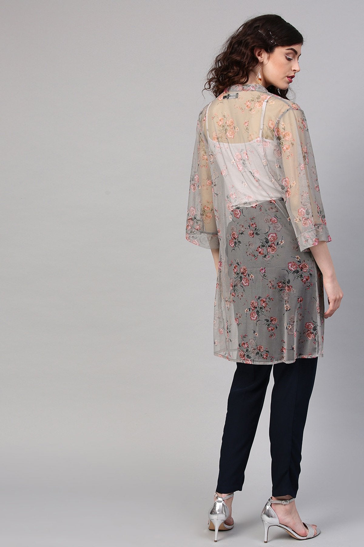 Women's Olive Mesh Floral Front Open Shrug