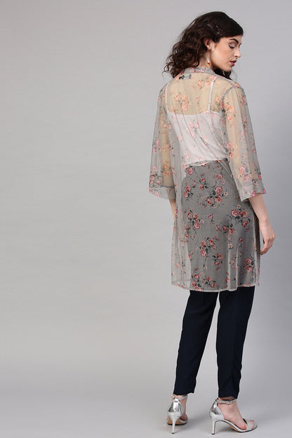 Women's Olive Mesh Floral Front Open Shrug