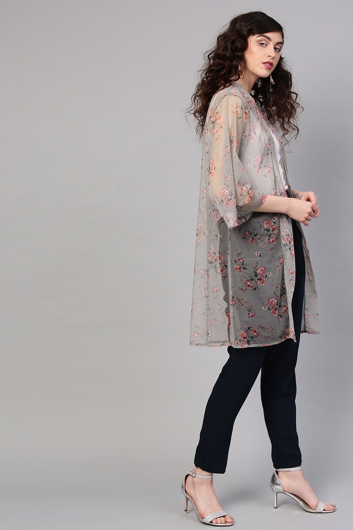 Women's Olive Mesh Floral Front Open Shrug