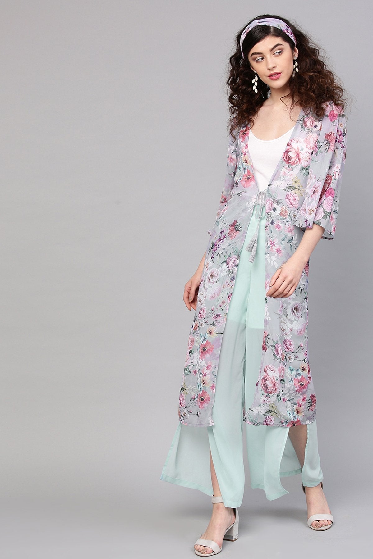 Women's Grey Floral Shrug With Bandana
