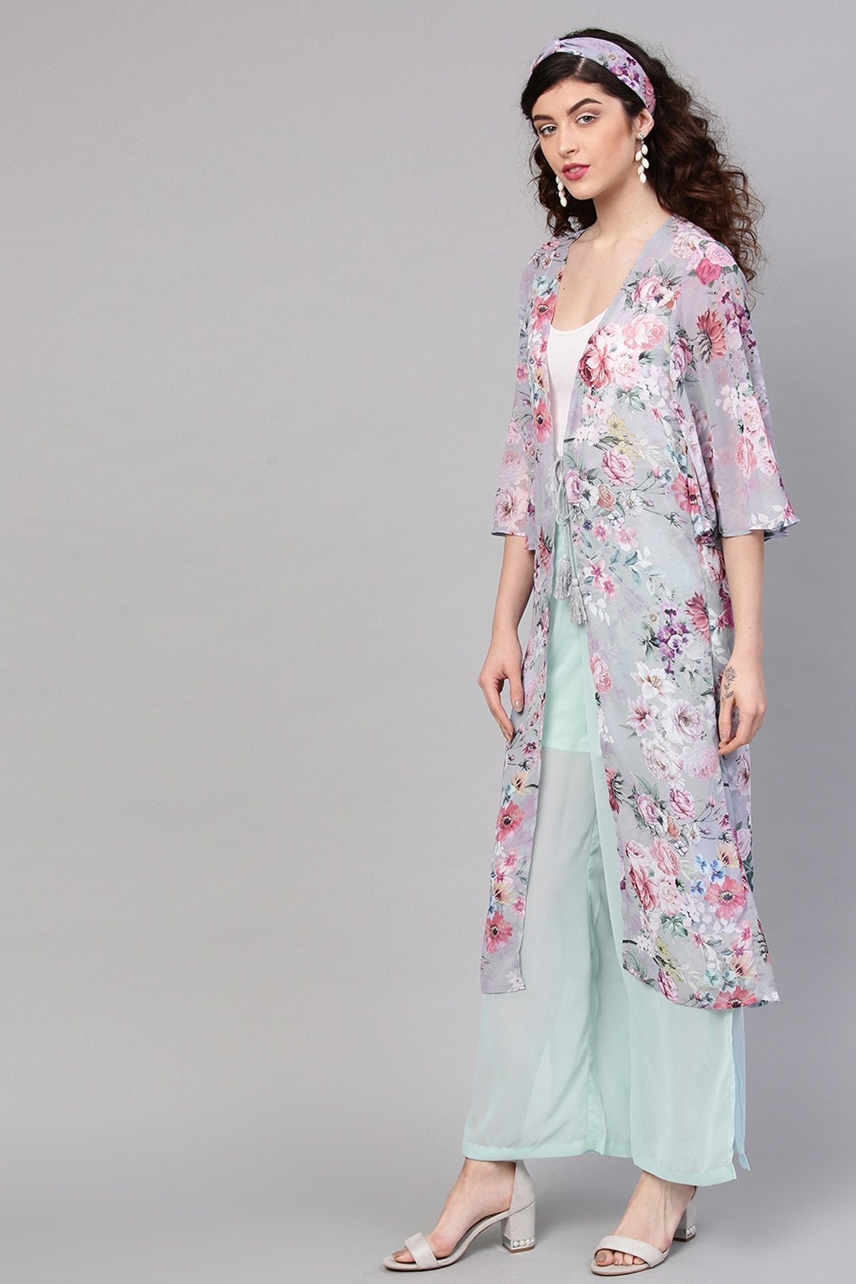 Women's Grey Floral Shrug With Bandana
