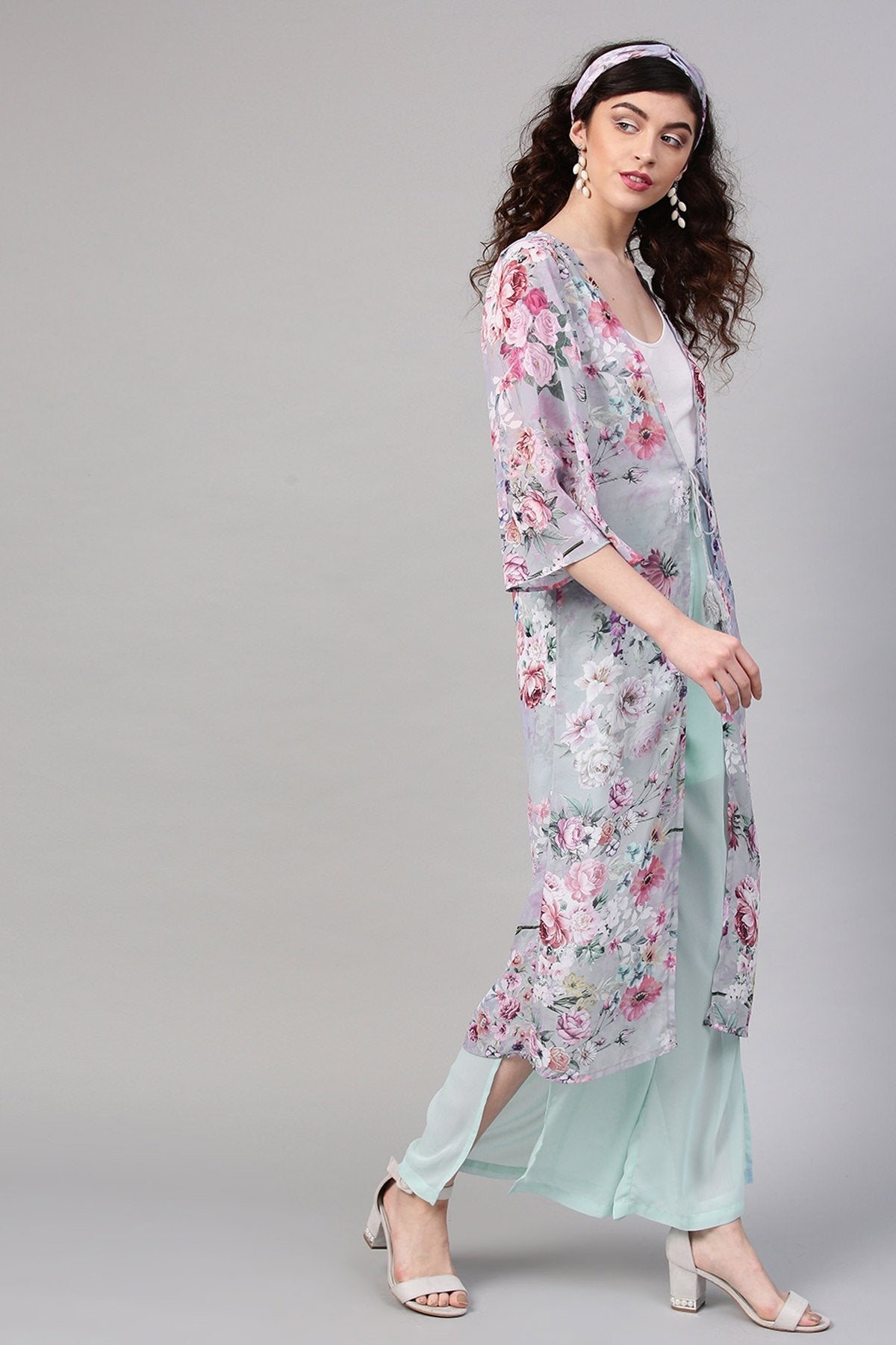 Women's Grey Floral Shrug With Bandana